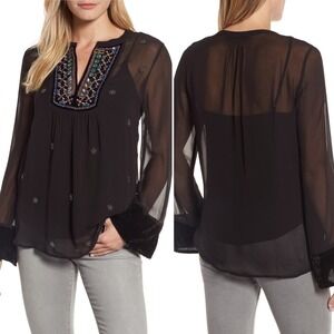 Velvet by Graham & Spencer Becky Beaded Velvet Georgette‎ Black Sheer Blouse XS